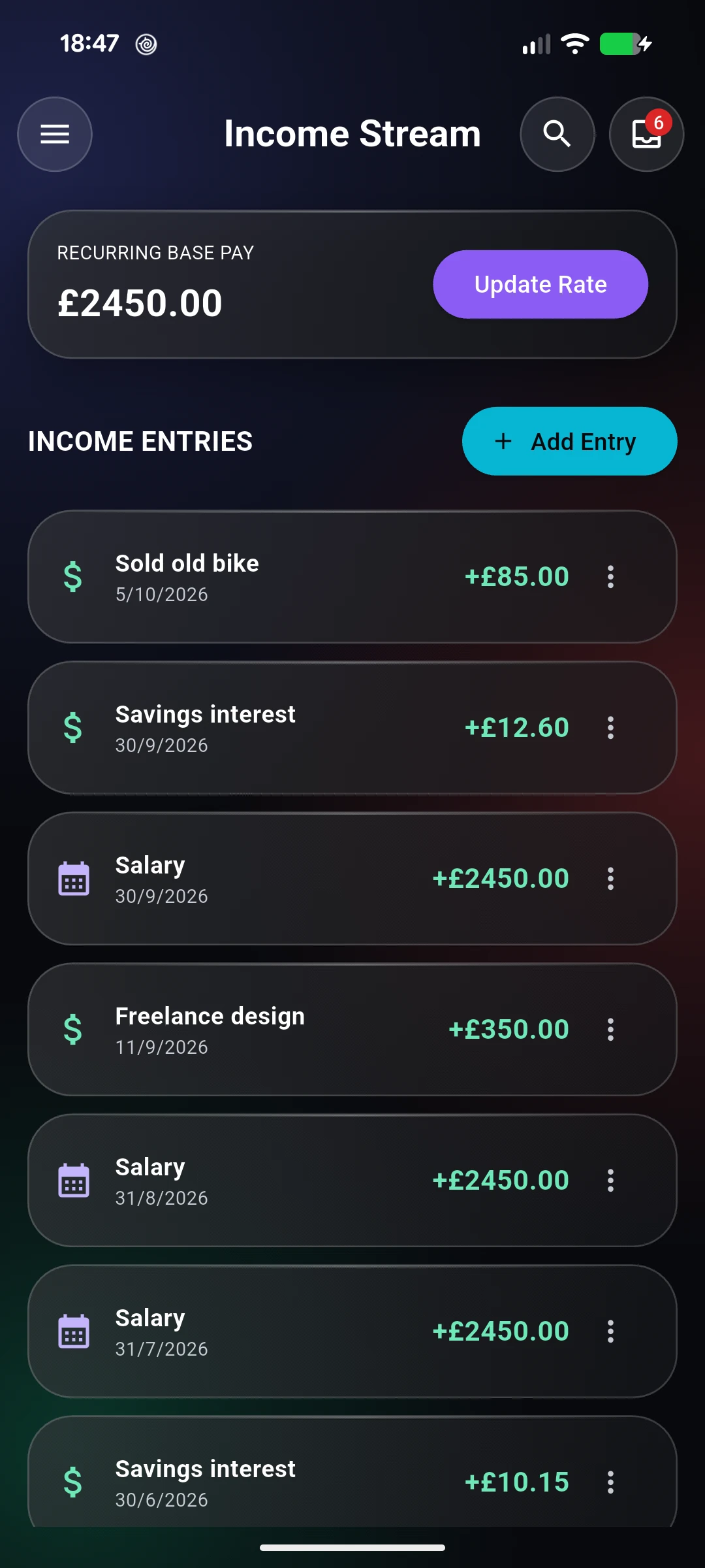 Income Stream screen: recurring base pay £2450.00 and income entries including salary, freelance design and savings interest.