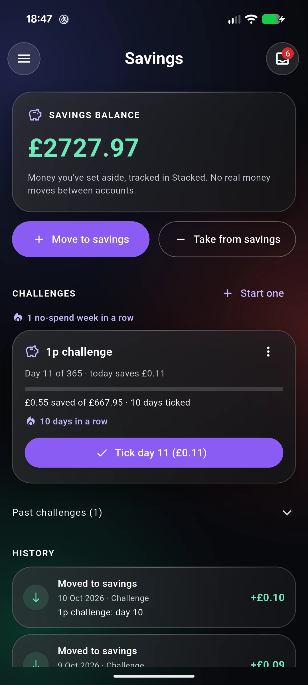 Savings screen: savings balance £2727.97, Move to savings and Take from savings buttons, and a 1p challenge on day 11.