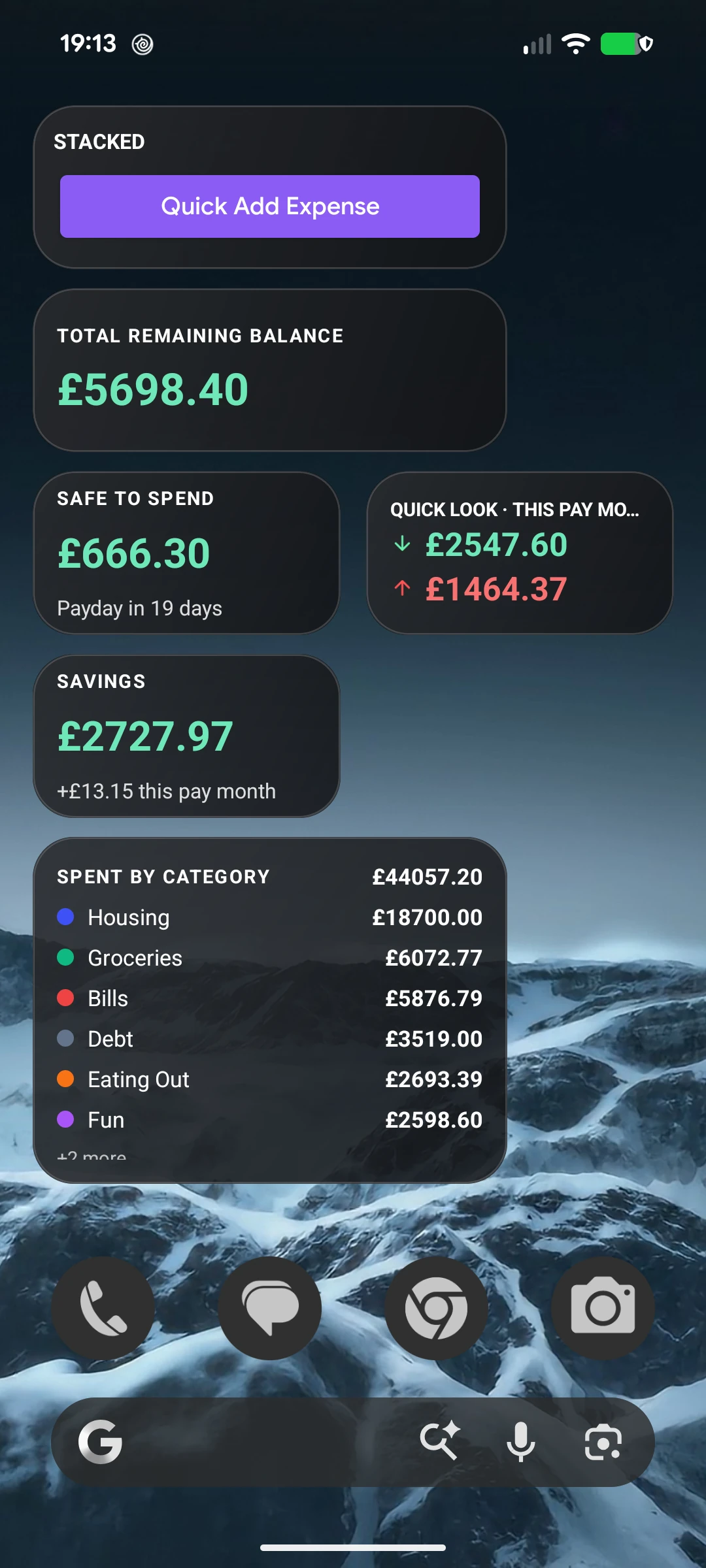 Android home screen with Stacked widgets: Quick Add Expense, remaining balance, Safe to spend £666.30, Quick Look, savings and spent by category.