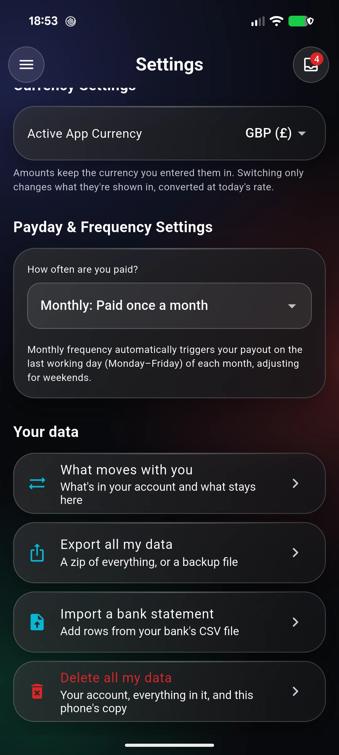 Settings screen, Your data section: What moves with you, Export all my data, Import a bank statement and Delete all my data.